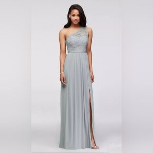 David's Bridal One Shoulder Lace & Mesh Maxi Dress Pale Gray Mystic